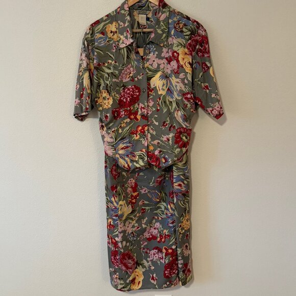 Ruff Hewn Cotton Tropical Floral Set Button Down Blouse AND Wrap Skirt Size L/16 - Picture 1 of 14